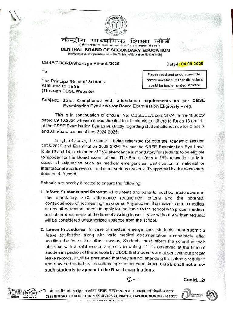Cbse Circular Attendance | PDF