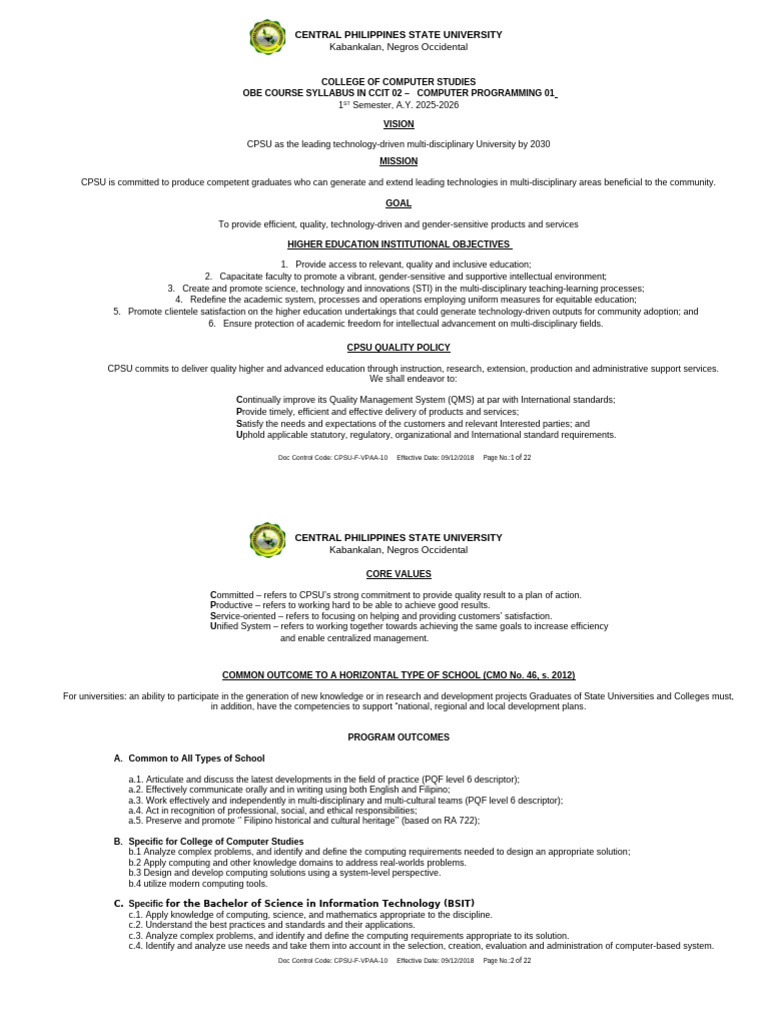 Ccit 02 Computer Programming 01 Course Syllabus | PDF | Method ...