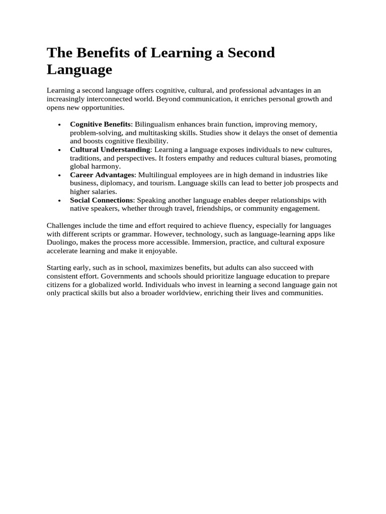The Benefits of Learning A Second Language | PDF