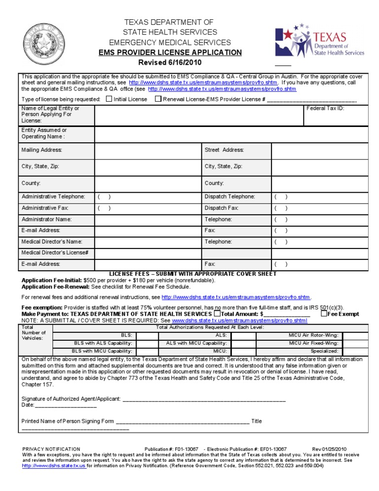 Ems Provider Application Emergency Medical Services License