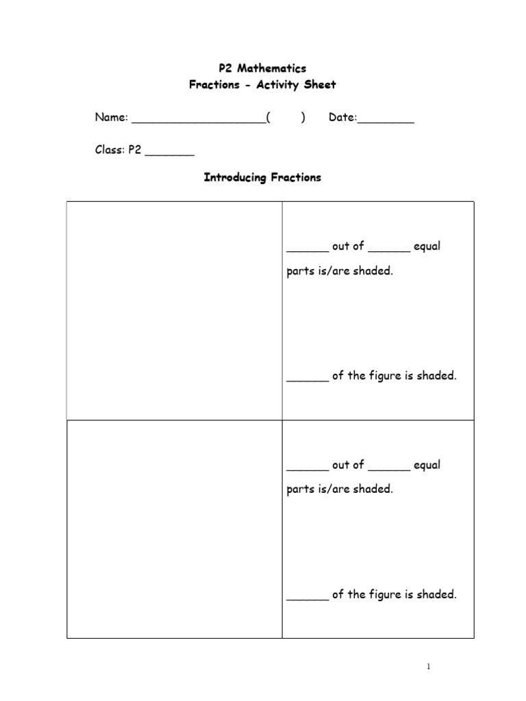 P2 Mathematics Fractions Activity Sheet | PDF