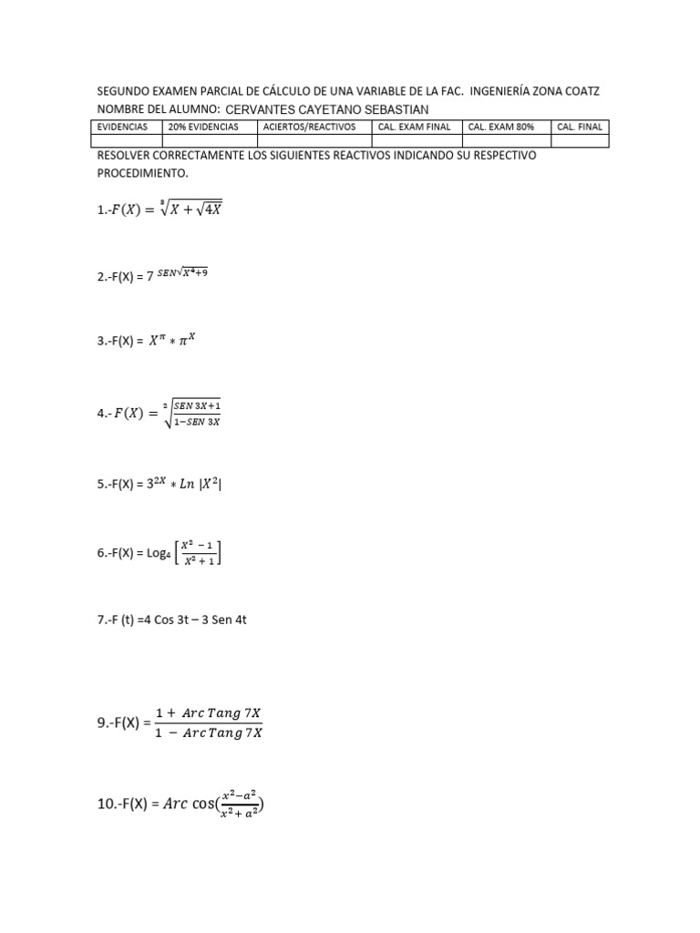 Cervantes Sebastian Examen Del Segundo Parcial Calculo | PDF