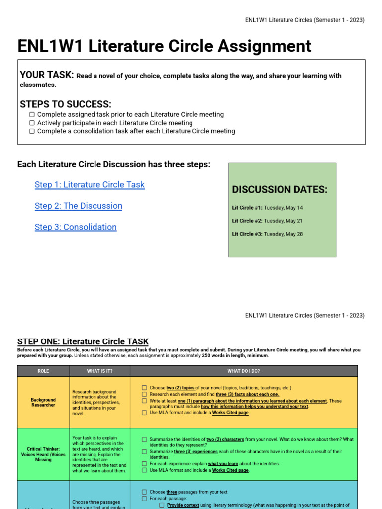 ENL1W1 Literature Circle Guide 2023 | PDF | Communication | Human ...