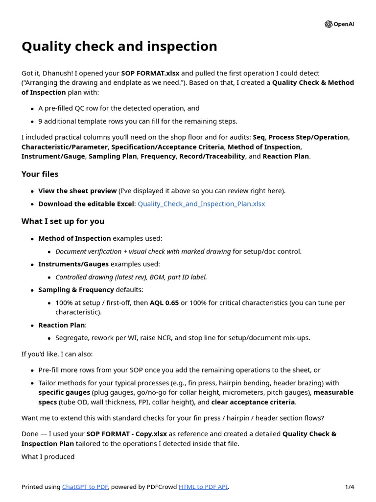 Quality Check & Inspection Plan Guide | PDF | Microsoft Excel