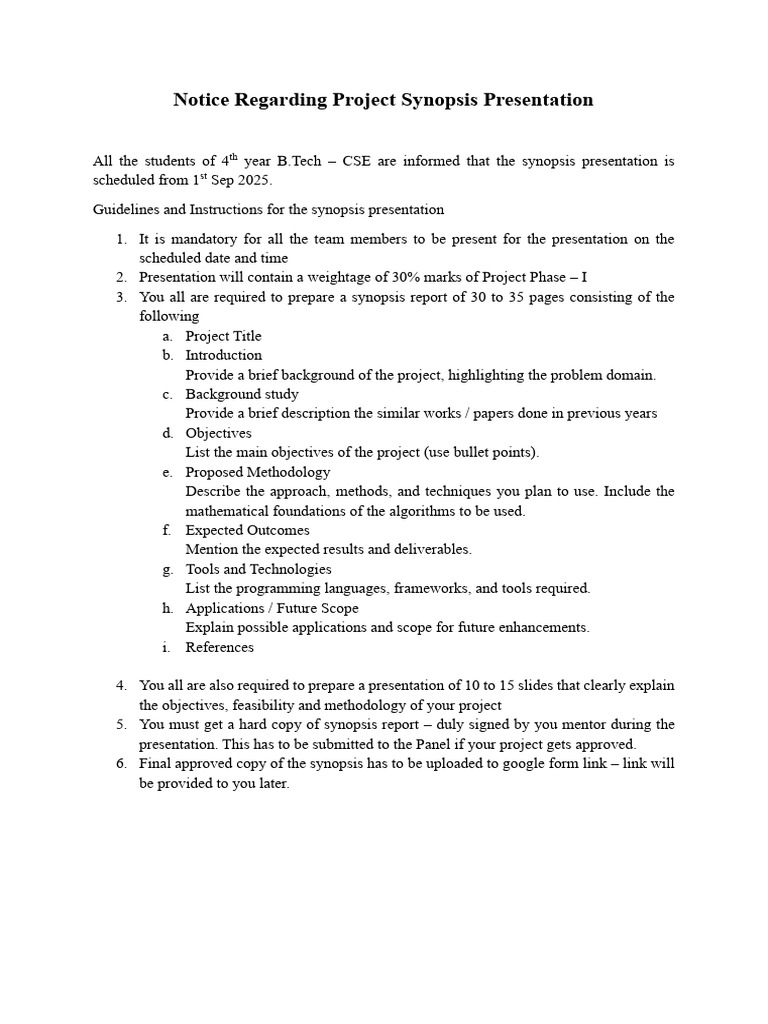 Synopsis Presentation Guidelines for B.Tech CSE | PDF