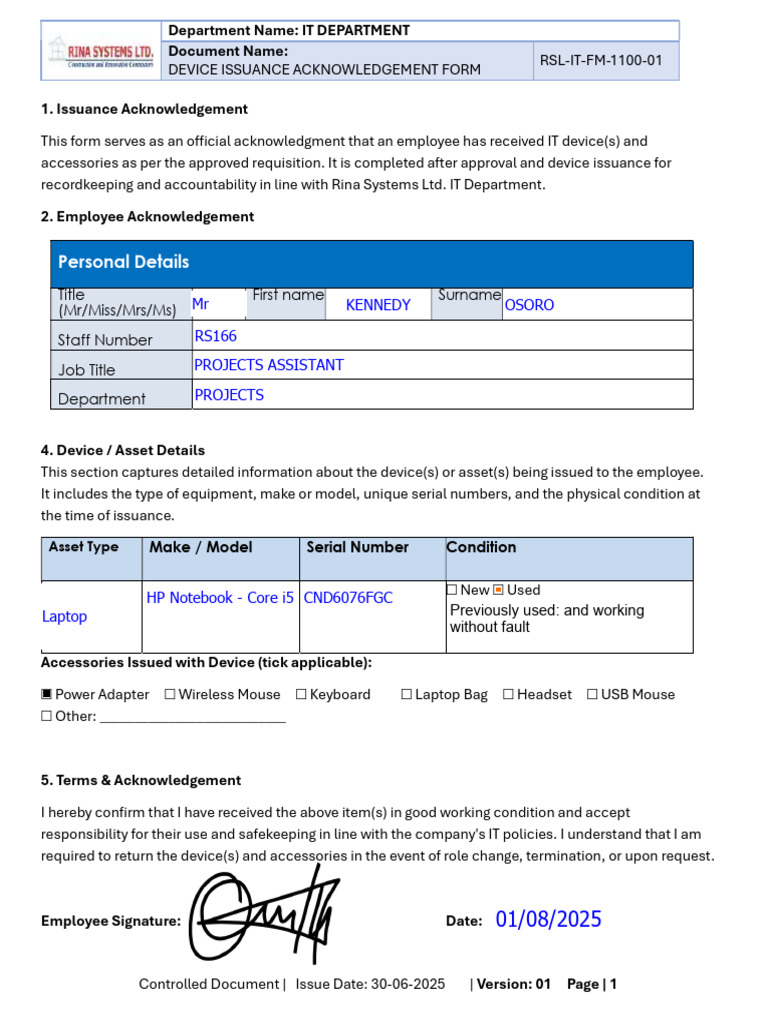 IT Device Issuance Acknowledgement Form | PDF