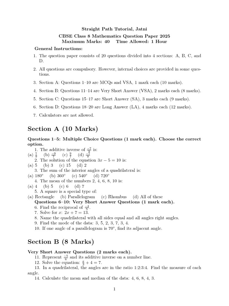 CBSE Class 8 Math Exam Paper 2025 | PDF | Mathematics | Elementary Geometry