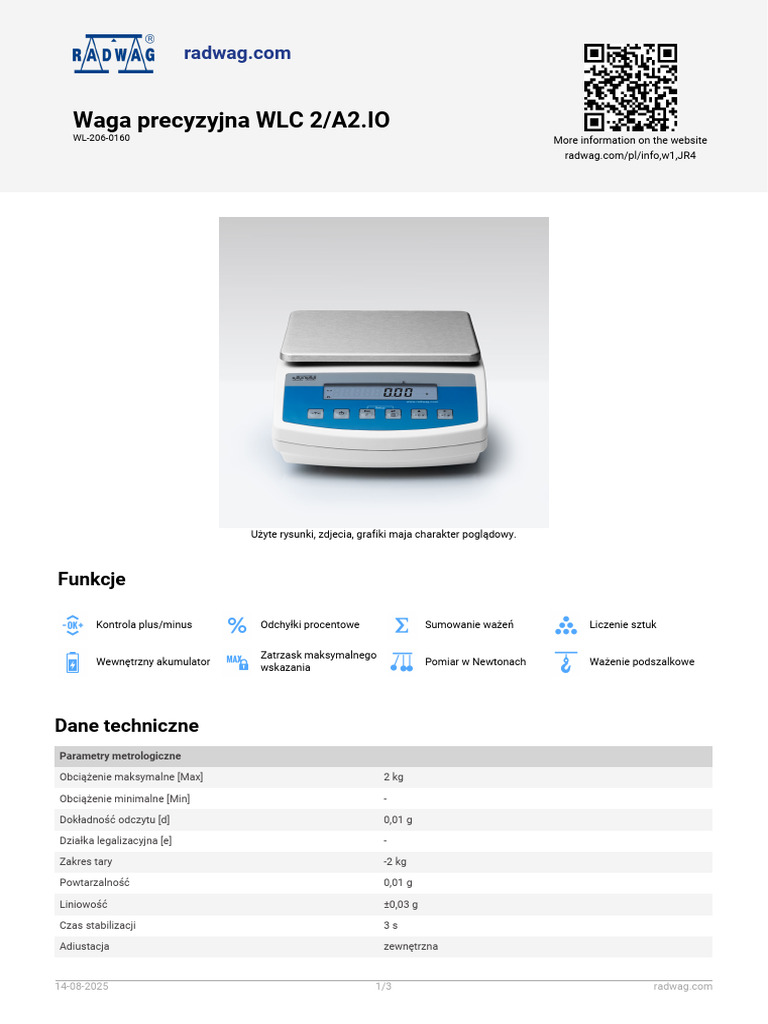 RADWAG Data Sheet Waga Precyzyjna WLC 2 A2 Io | PDF