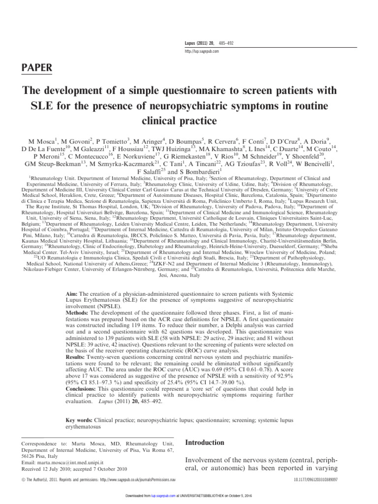 NPSLE Screening Questionnaire Development | PDF | Peripheral Neuropathy ...