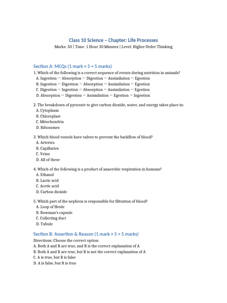 Class 10 Science: Life Processes Exam Guide | PDF | Organ (Anatomy ...