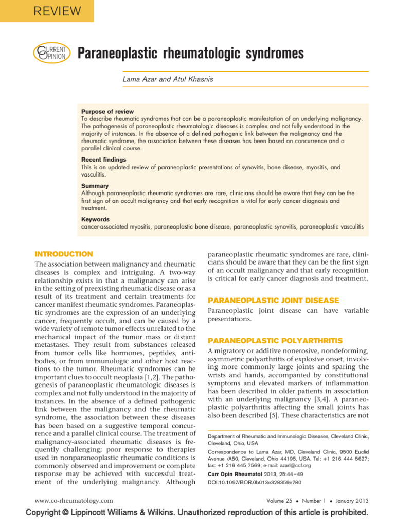 Paraneoplastic Rheumatologic Syndromes | PDF | Cancer | Rheumatoid ...