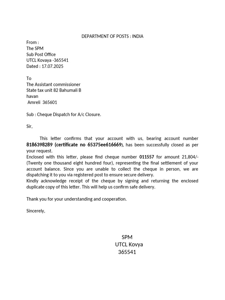 Cheque Dispatch Confirmation Letter | PDF