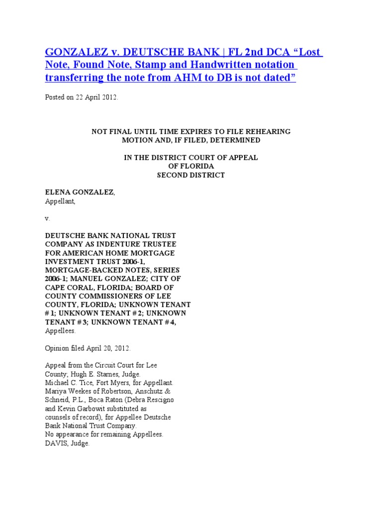 Gonzalez V Deutsche Fl 2nd Dca Lost Found Note Stamped Transfers Summary Judgment Foreclosure