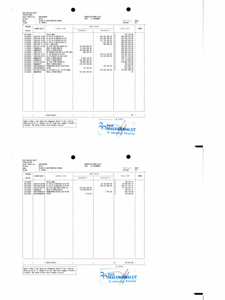 Rekening Koran (Rekon) Bulan Jan-Des 2024 | PDF