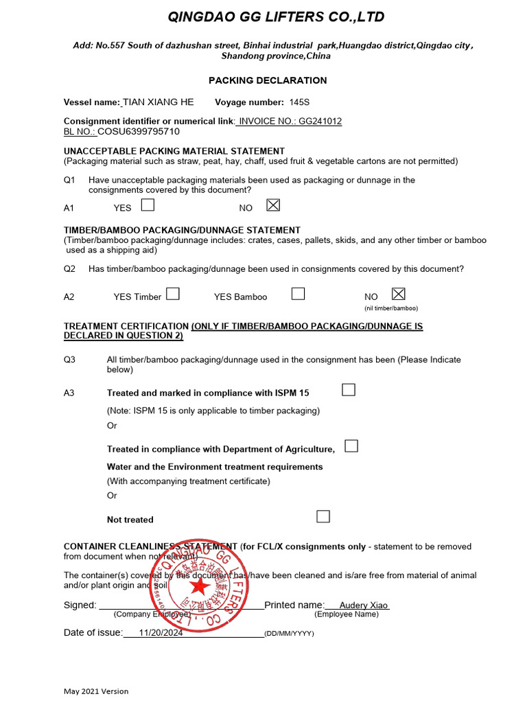 LCL Packing Declaration Template | PDF