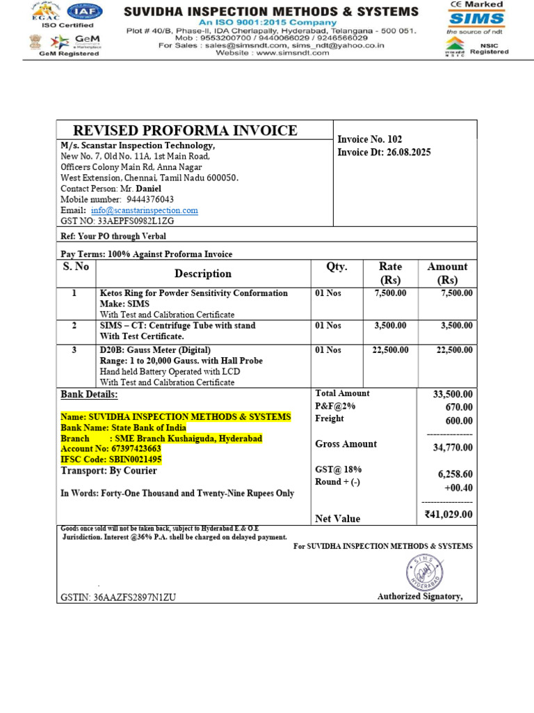 Revised Proforma Invoice for Inspection Equipment | PDF