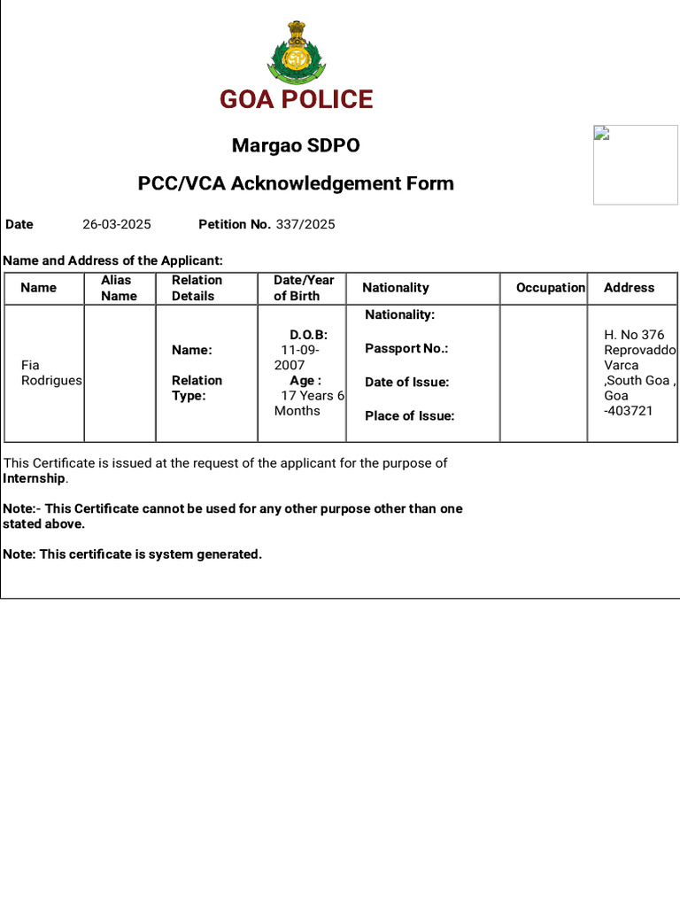 PCC Acknowledgement for Internship | PDF