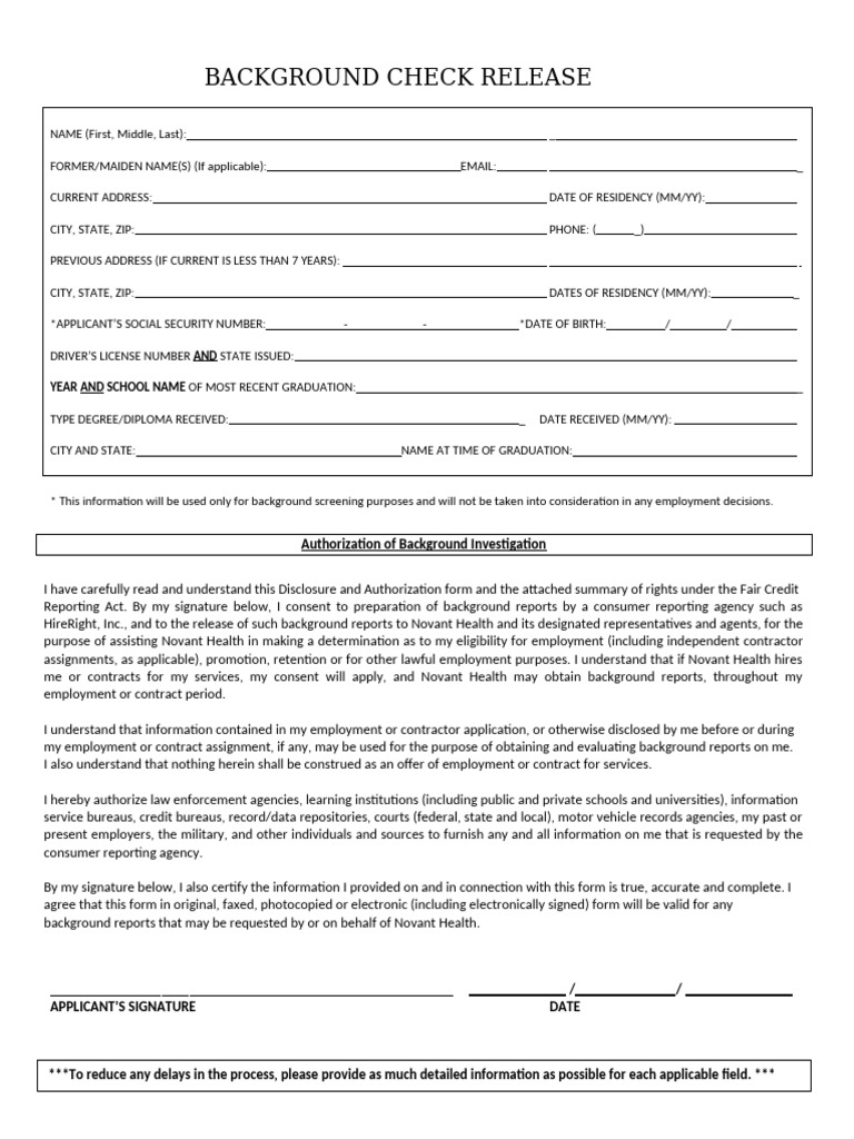 Novant Health Background Check Consent Form | PDF | Confidentiality ...