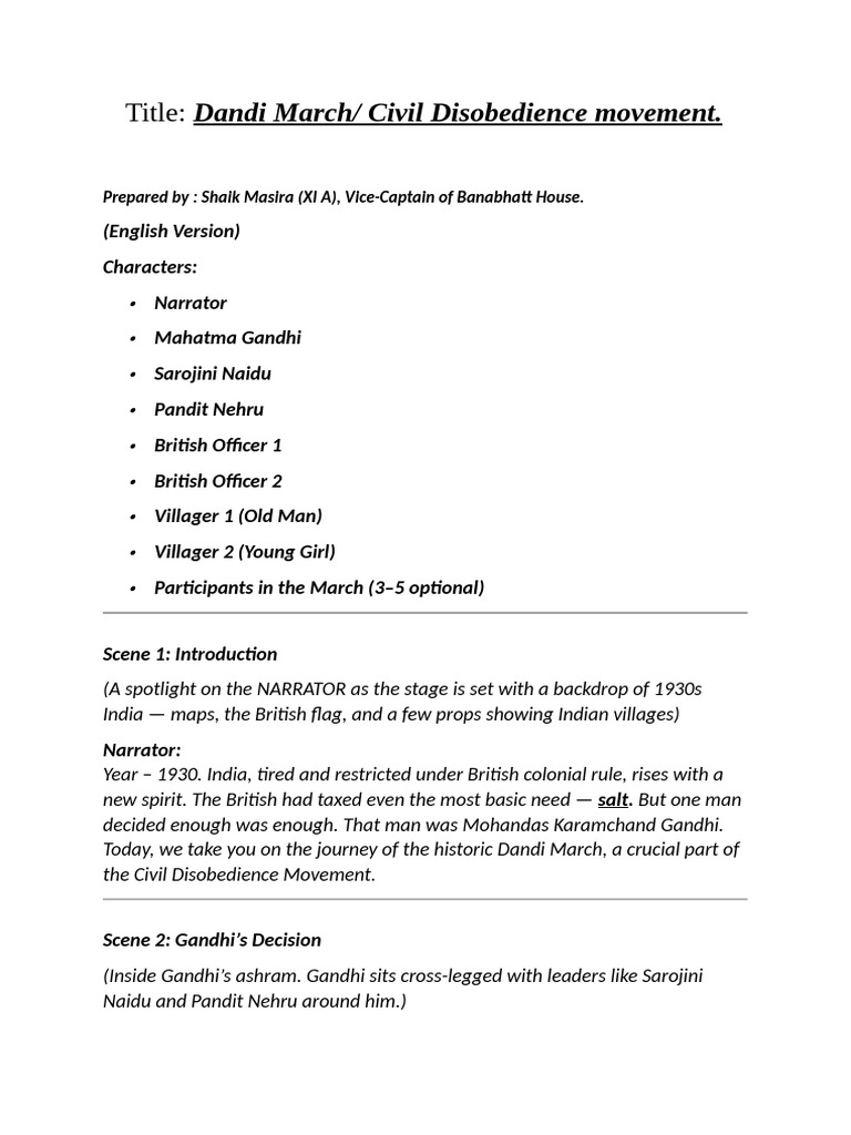 Dandi March or The Civil Disobeidence Movement. Skit Script. | PDF