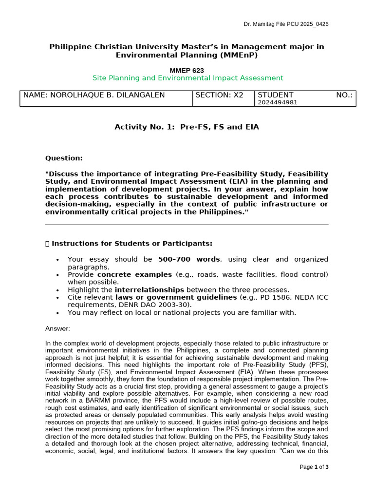 Activity No 1 PreFS FS and EIA | PDF | Environmental Impact Assessment ...