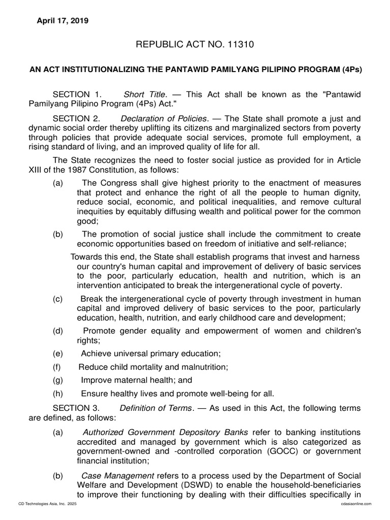 Pantawid Pamilyang Pilipino Program Act | PDF | Poverty | Poverty ...