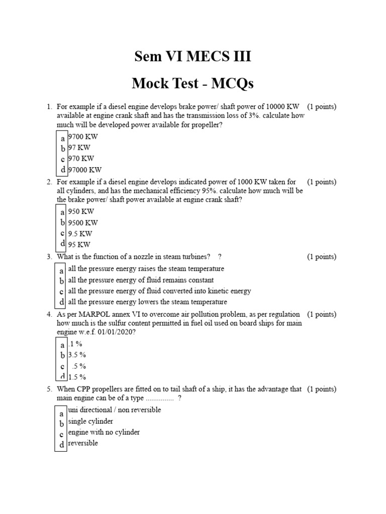 Diesel Engine MCQ Mock Test for MECS VI | PDF | Engines | Diesel Engine