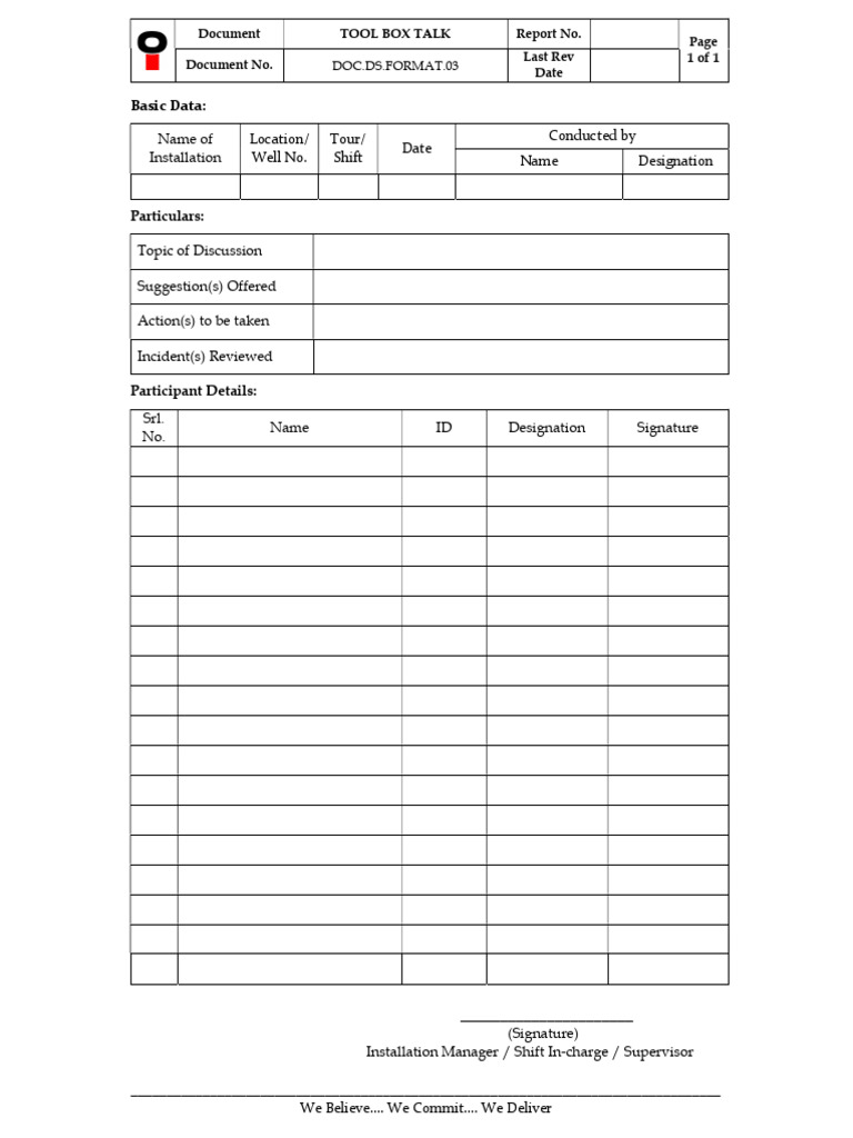 Toolbox Talk Documentation Format | PDF