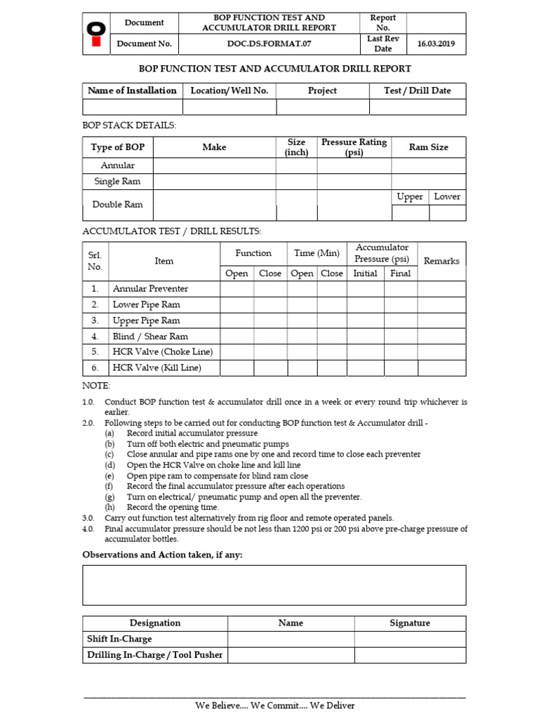 BOP Function Test & Accumulator Drill Report | PDF | Hydraulics ...