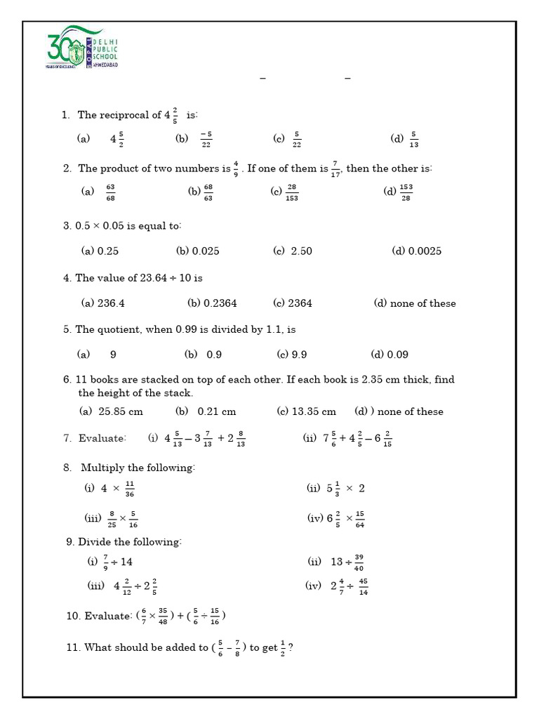 Class 7 CH Fractions and Decimals Assignment | PDF | Elementary ...