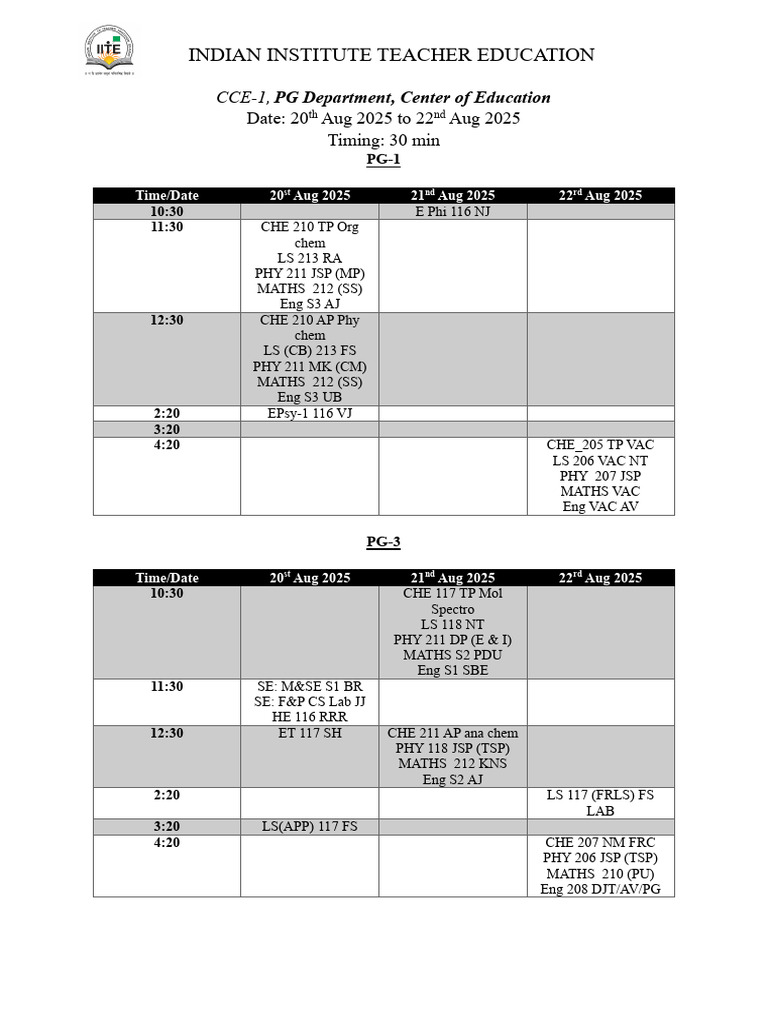 CCE-1 Time Table for August 2025 | PDF