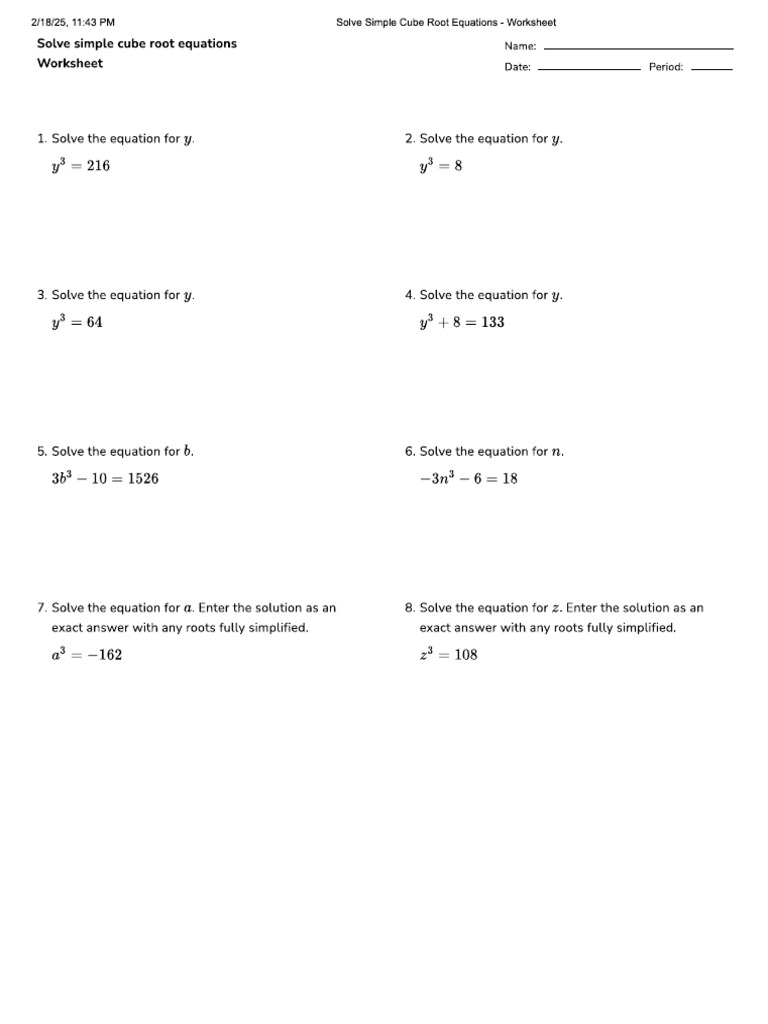 WS - Cube Root Equations | PDF
