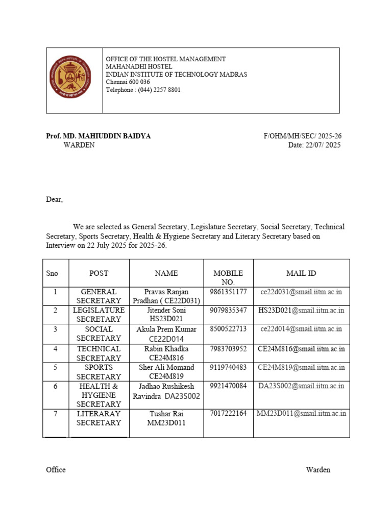 IIT Madras Hostel Secretary Appointments 2025 | PDF