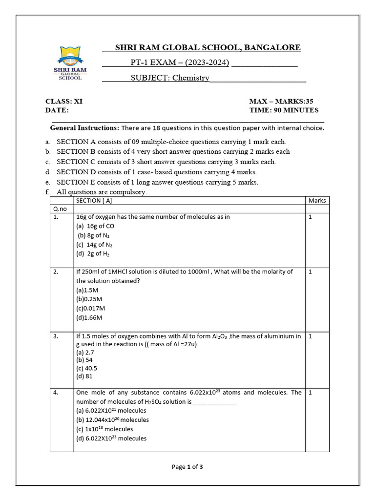 Class XI Chemistry PT-1 Exam Paper | PDF | Mole (Unit) | Electron