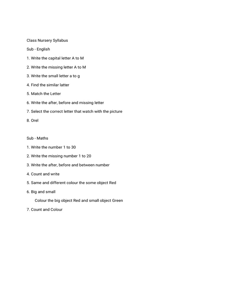 Nursery Class Half Yearly Syllabus | PDF