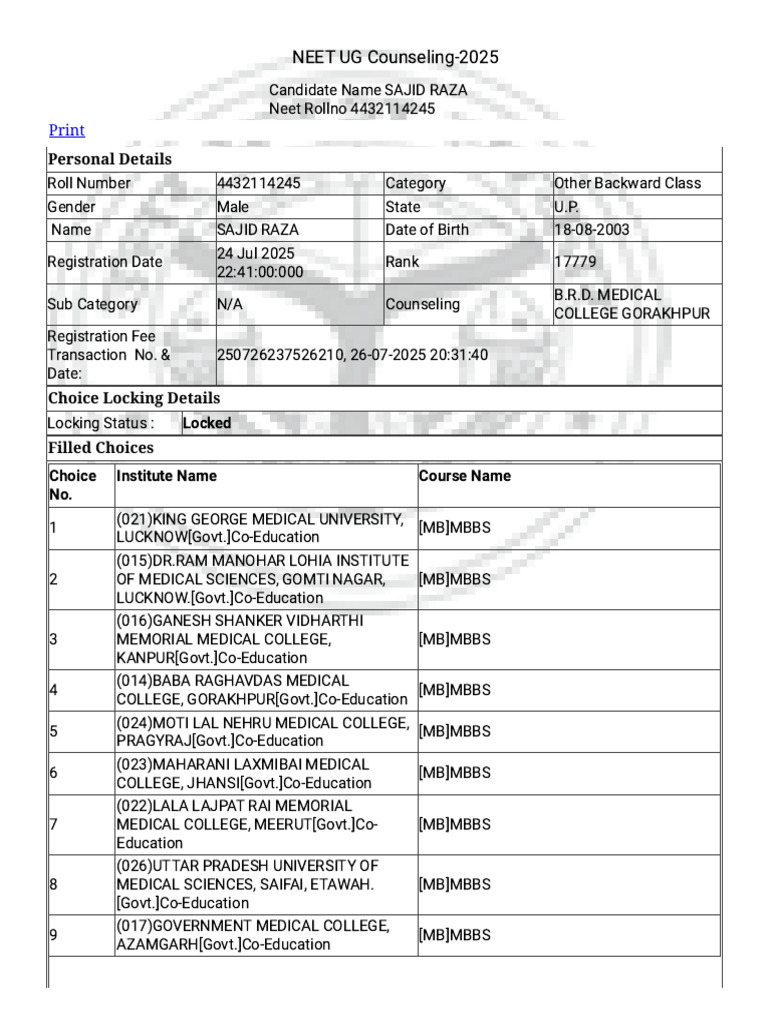 NEET UG 2025 Counseling Details for Sajid Raza | PDF | Educational ...