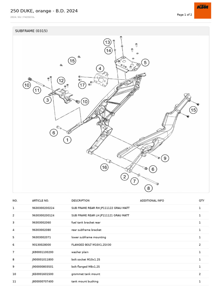 250 Duke 2024 Subframe Parts List | PDF