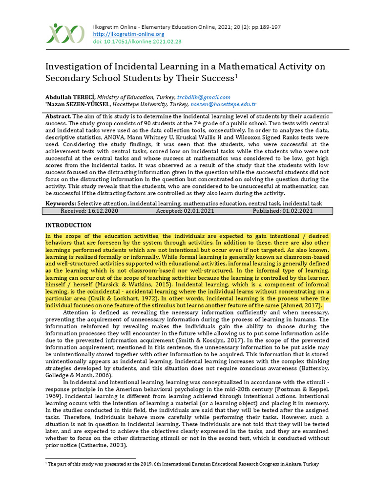 2.investigation of Incidental Learning in A Mathematical Activity On ...