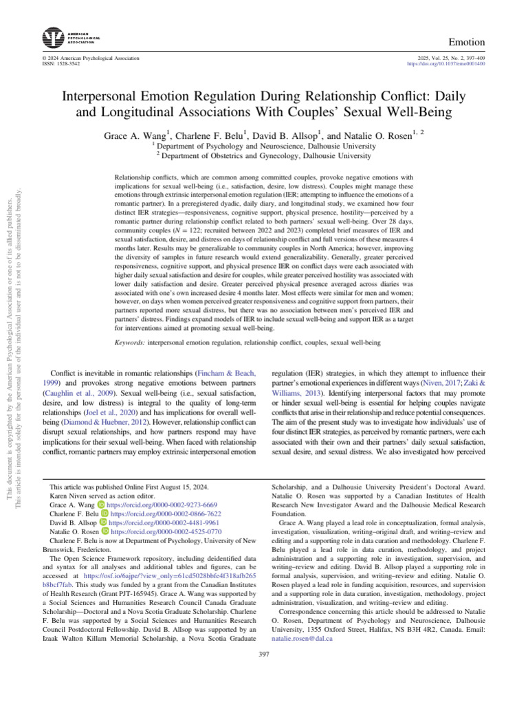Emotion Regulation and Couples' Sexual Well-Being | PDF | Well Being ...