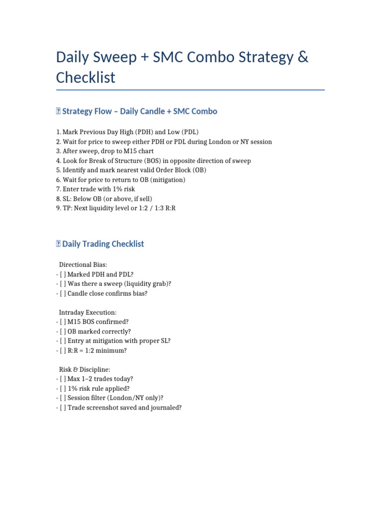 Daily Sweep SMC Strategy Checklist | PDF