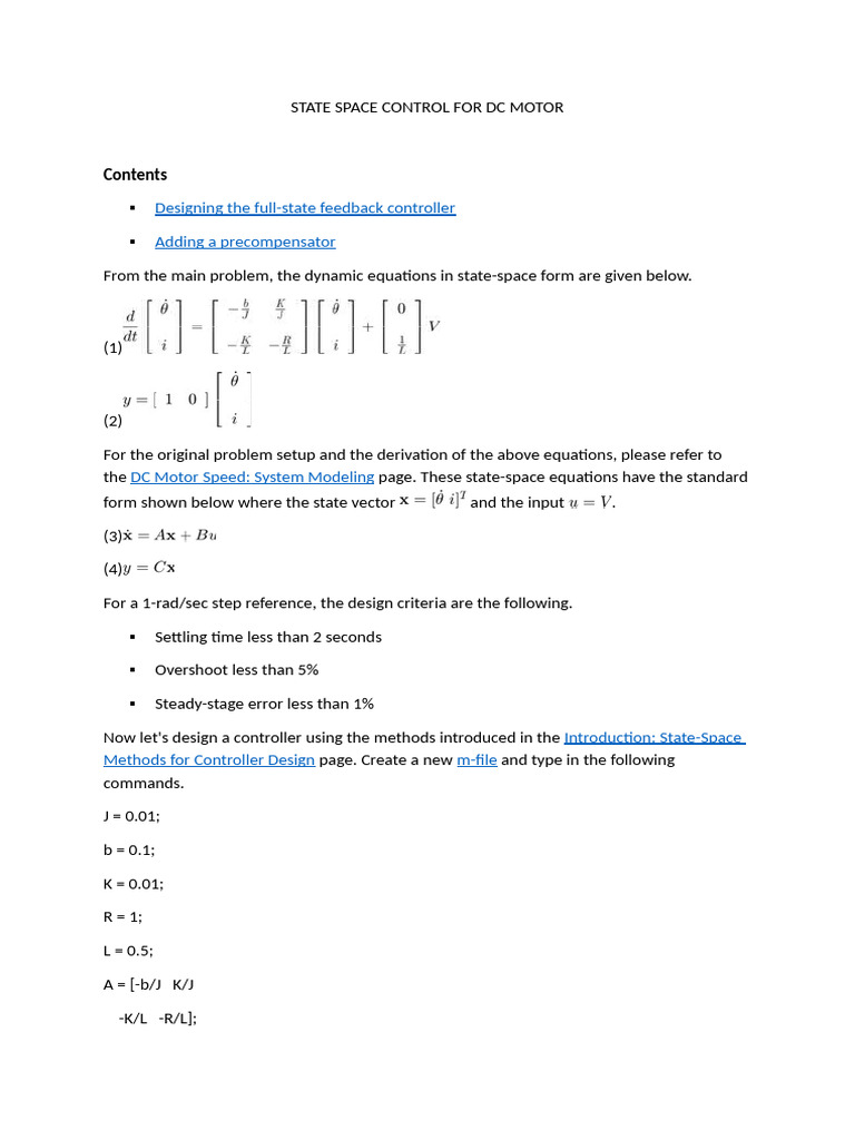 State-Space Control for DC Motors | PDF | Control Theory | Matrix ...