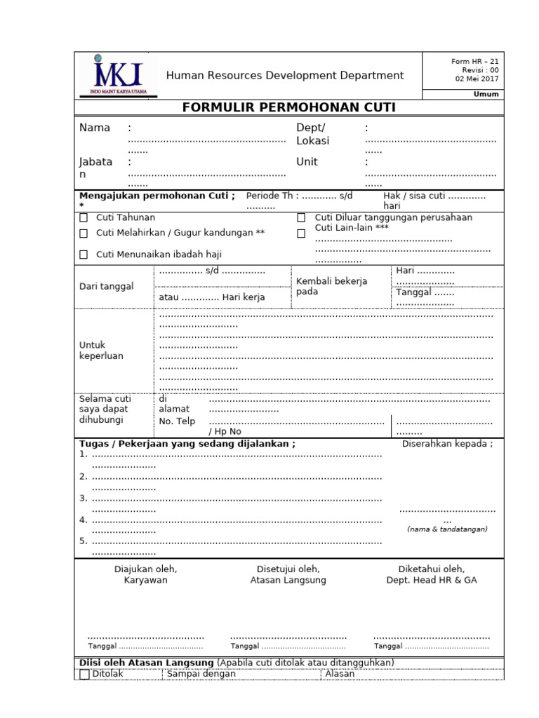 Contoh Formulir Permohonan Cuti | PDF