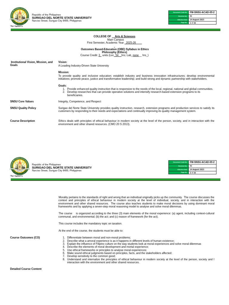 OBE Syllabus for Ethics Course | PDF | Justice | Crime & Violence