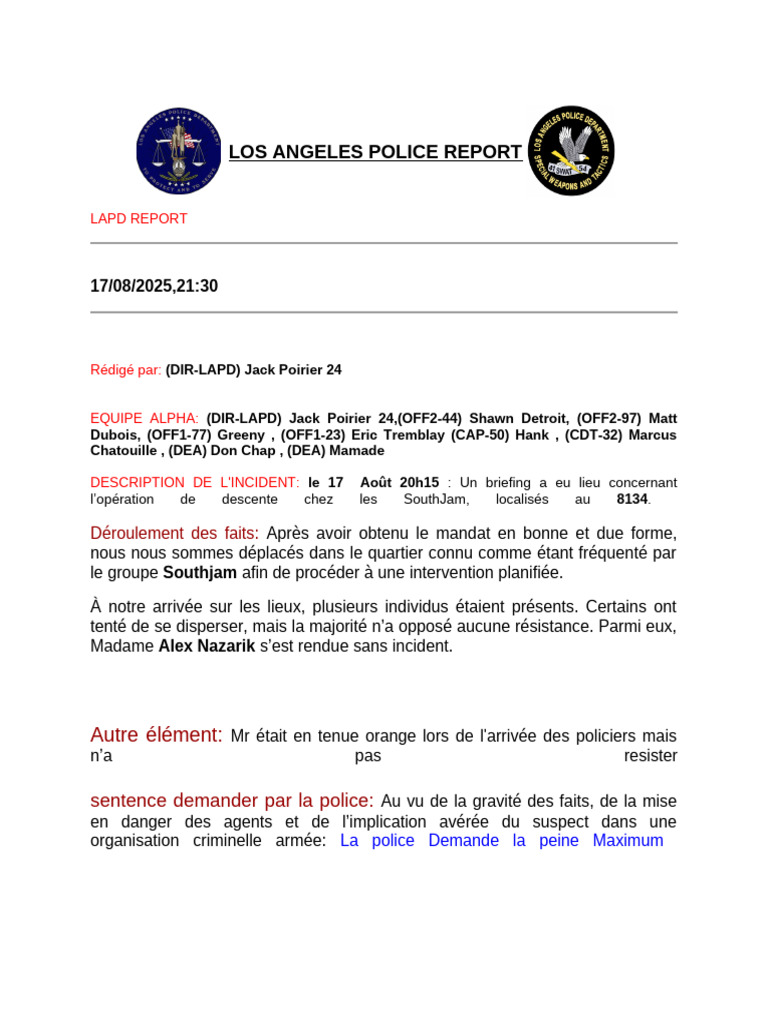 Rapport d'intervention LAPD - 17 août 2025 | PDF