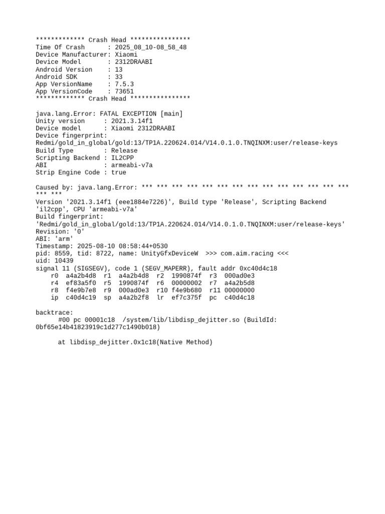 Xiaomi Crash Report for Unity App | PDF