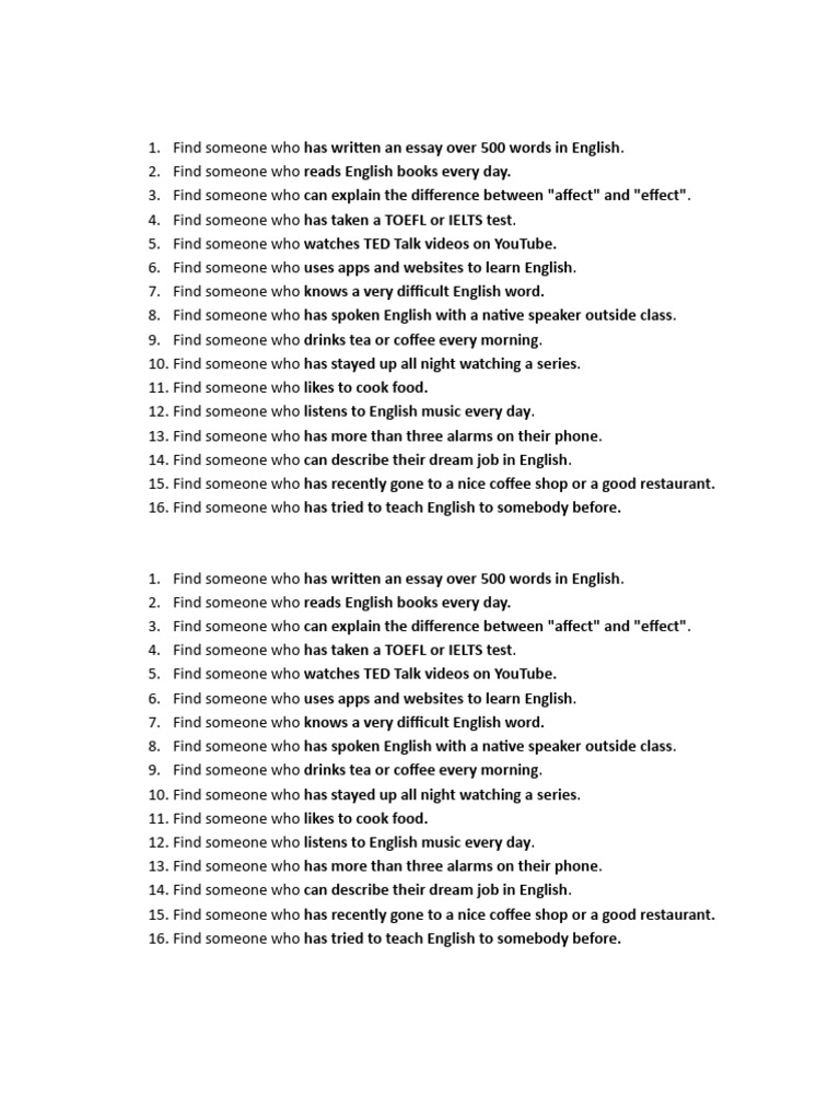 4 N 1 Sided Find Someone Who Has Written An Essay Over 500 Words in ...
