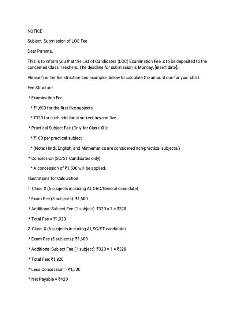 LOC Fee Submission Details for Parents | PDF