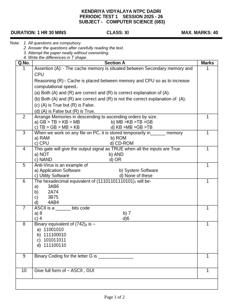 Computer Science Test Class XI 2025-26 | PDF | Random Access Memory ...