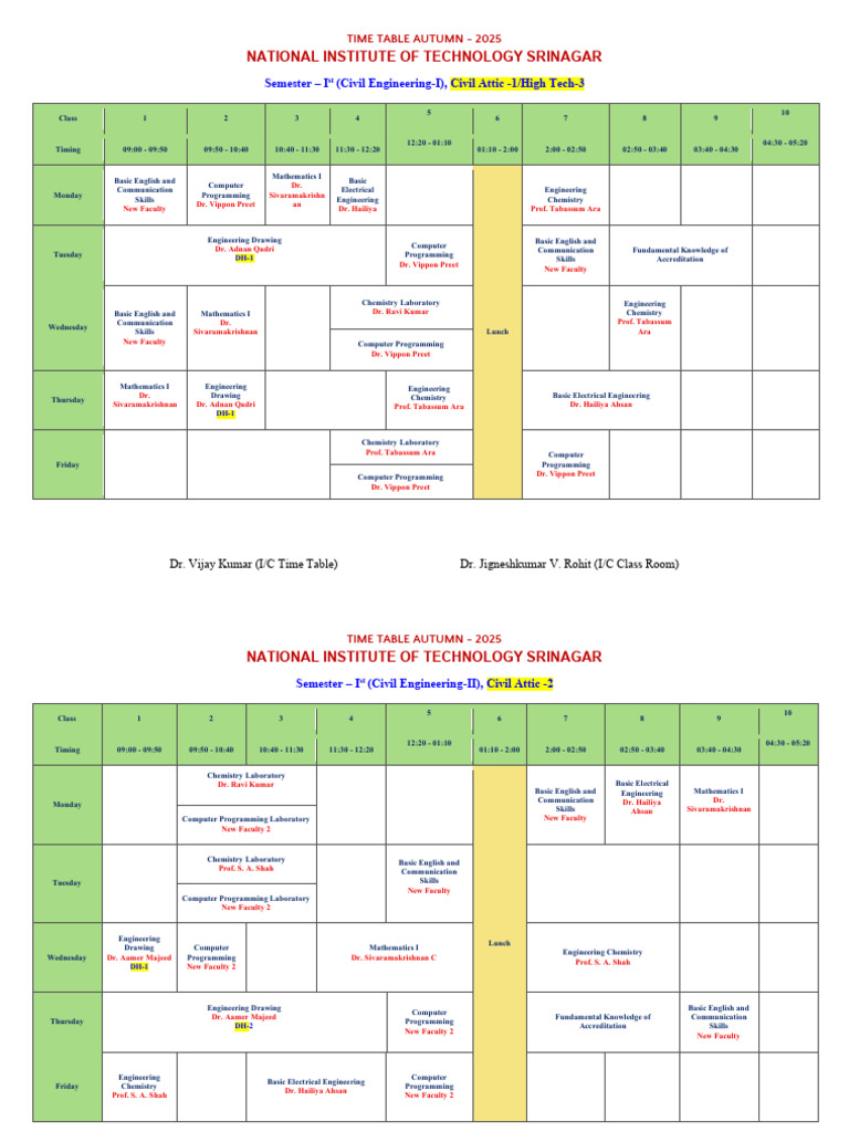 Time Table Autumn25082025 | PDF | Engineering | Physical Sciences