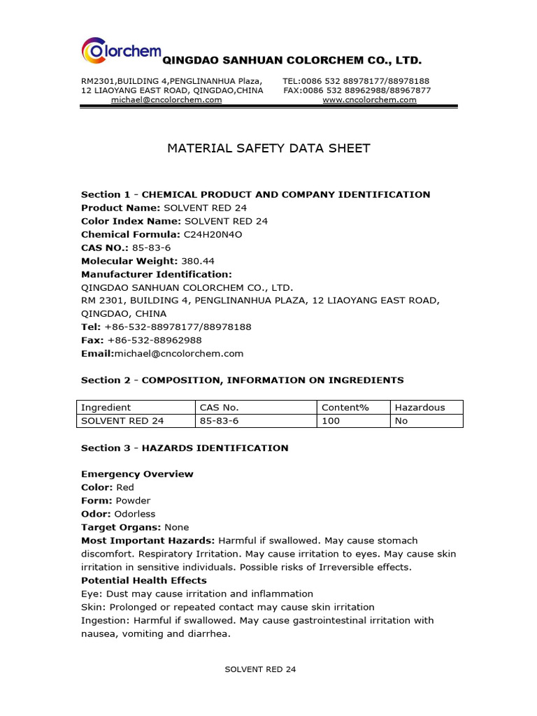 Solvent Red 24 Safety Data Sheet | PDF | Personal Protective Equipment ...