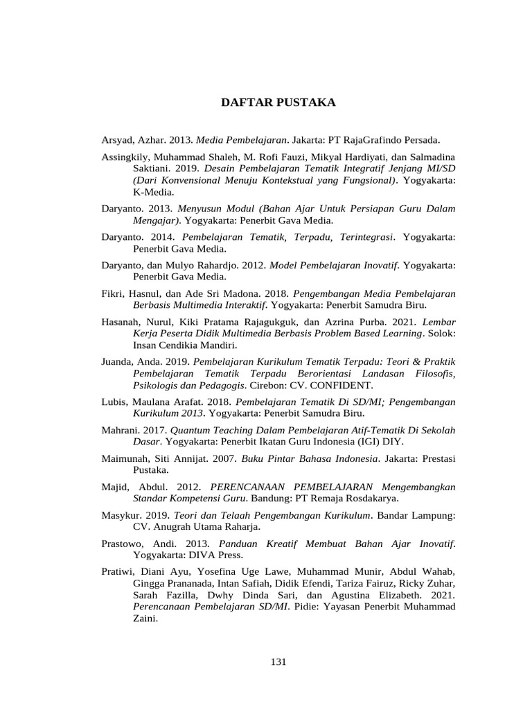 Daftar Pustaka Pembelajaran Tematik | PDF